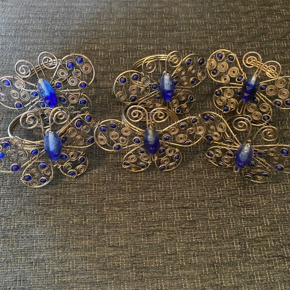 Unbranded Butterfly Napkin Rings Set of 6 Blue Silver Excellent Wire Beaded Boho